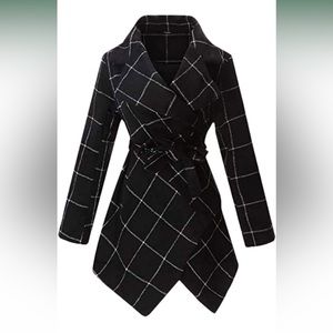 Trench Coat Women Turn Down Collar Wrap Coat Blend Grid Belted